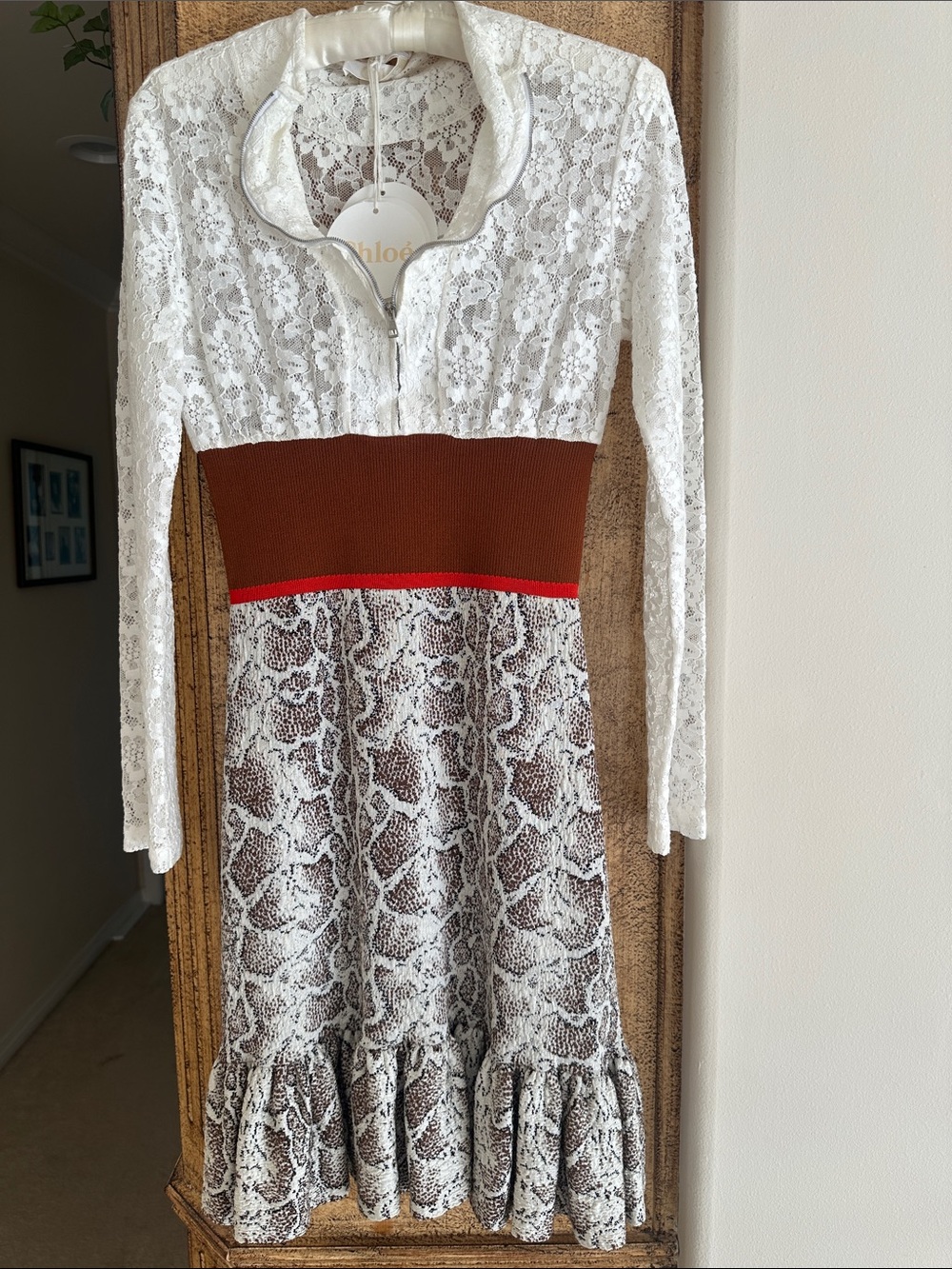 New Chloe Multicolor Brown Python Jacquard Knit And Lace Long-sleeve Dress